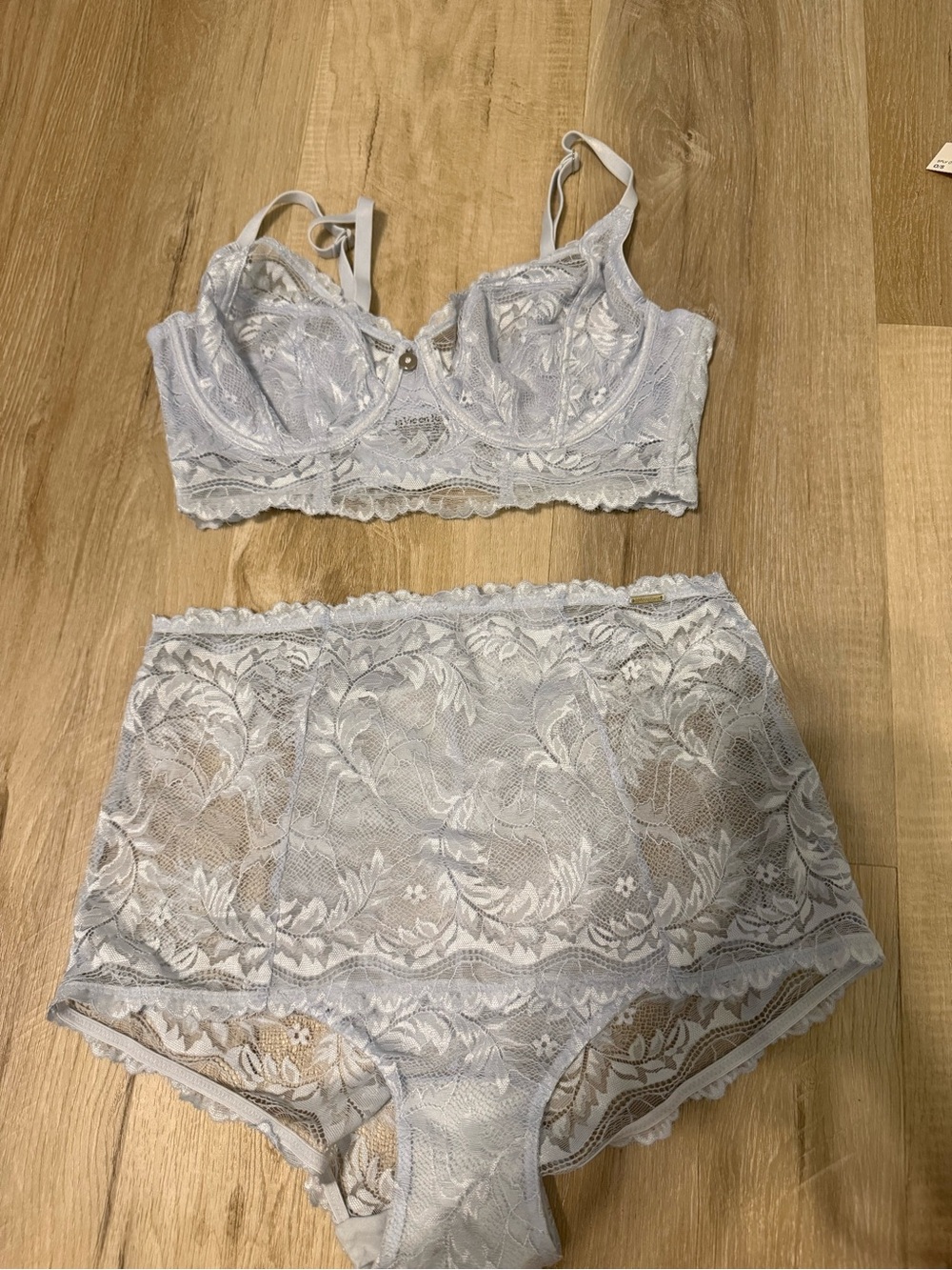 La Vie En Rose Lace Longline Bralette and High-Waist Brief Set - Light blue